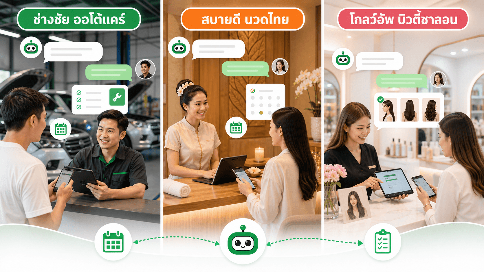 ภาพตัวอย่างธุรกิจบริการในสถานที่ เช่น ออโต้แคร์ นวดไทย และบิวตี้ซาลอน